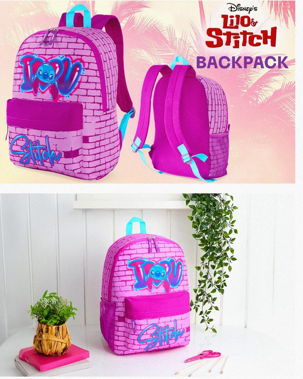 Bolso Escolar Disney Stitch Original (Fucsia)